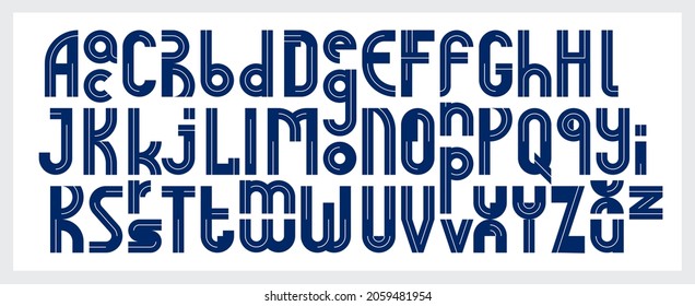 Resumen del tipo de letra original geométrico tipo vectorial, alfabeto de creación de logotipo estilo minimo de geometría lineal tecnológica, letras cuadradas de tejas estilizadas, mayúsculas, minúsculas y mayúsculas.