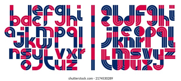 Abstract geometric original font vector typeset, logo creation alphabet minimal tech linear geometry style, stylish square unique tile letters set, uppercase and lowercase.