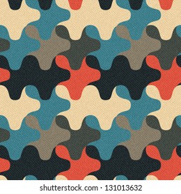 Abstract geometric ornament printed on textured striped fabric background. Seamless pattern. Vector.