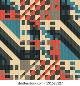 Abstract geometric ornament printed on textured striped fabric background. Seamless pattern. Vector.