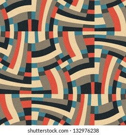Abstract geometric ornament printed on textured striped fabric background. Seamless pattern. Vector.