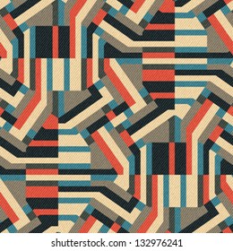 Abstract geometric ornament printed on textured striped fabric background. Seamless pattern. Vector.