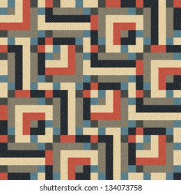 Abstract geometric ornament printed on textured striped fabric background. Seamless pattern. Vector.