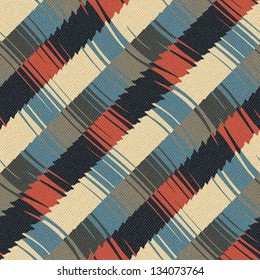 Abstract geometric ornament printed on textured striped fabric background. Seamless pattern. Vector.