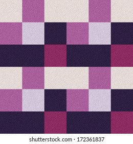 Abstract geometric ornament printed on textured striped fabric background. Seamless pattern. Vector.