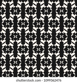 Abstract geometric ornament seamless pattern. Elegant black and white texture with curved shapes, grid, mesh, lattice. Monochrome ornamental background. Repeat design for decor, fabric. Stock vector