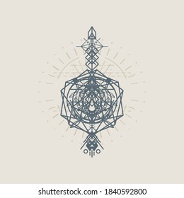 Abstract geometric ornament symbol inspired by ancient carving of pyramids and fusion of animals and nature