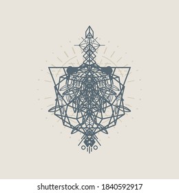 Abstract geometric ornament symbol inspired by ancient carving of pyramids and fusion of animals and nature