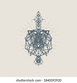Abstract geometric ornament symbol inspired by ancient carving of pyramids and fusion of animals and nature