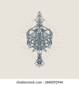 Abstract geometric ornament symbol inspired by ancient carving of pyramids and fusion of animals and nature