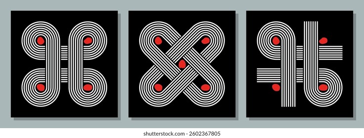 abstract geometric ornament wall art collection, rounded loops life cycle, mental health vector illustration, white thin parallel blines on black background