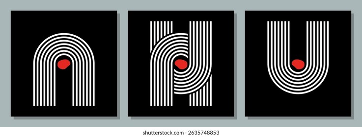abstract geometric ornament wall art collection, rounded loops life cycle, mental health vector illustration collection, white thin parallel blines on black background