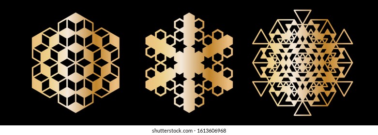 Abstract geometric ornamental mandala set. Template for printing, laser cutting stencil, engraving. Vector illustration.
  Isolated on black background.