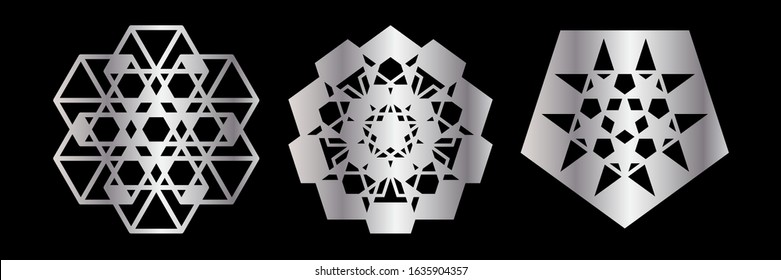 Abstract geometric ornamental mandala set. Template for printing, laser cutting stencil, engraving. Vector illustration. Isolated on black background.