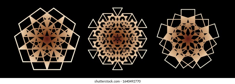 Abstract geometric ornamental mandala set. Template for printing, laser cutting stencil, engraving. Vector illustration.
  Isolated on black background.