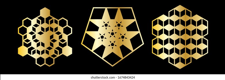 Abstract geometric ornamental mandala set. Template for printing, laser cutting stencil, engraving. Vector illustration.
  Isolated on black background.