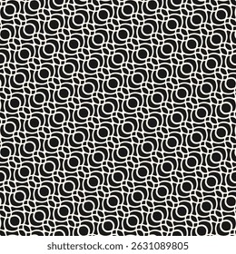Abstract geometric ornamental seamless pattern in oriental style. Black and white vector ornament texture with curved shapes, diagonal grid, lattice. Monochrome mosaic background. Repeated design