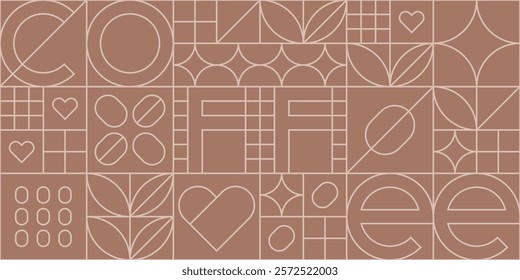 Abstract geometric outline pattern with coffee in mocha mousse color. Mosaic background for cafe design, menu or shop. Geometric seamless line pattern with coffee beans and leaves, vector illustration