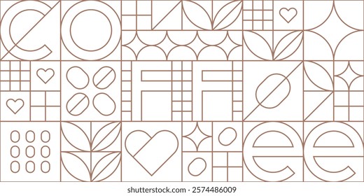 Abstract geometric outline pattern with coffee. Mosaic contour background for cafe design, menu or shop. Geometric seamless linear pattern in stained glass style with coffee beans, vector illustration