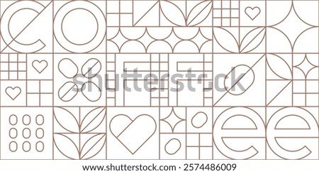 Abstract geometric outline pattern with coffee. Mosaic contour background for cafe design, menu or shop. Geometric seamless linear pattern in stained glass style with coffee beans, vector illustration