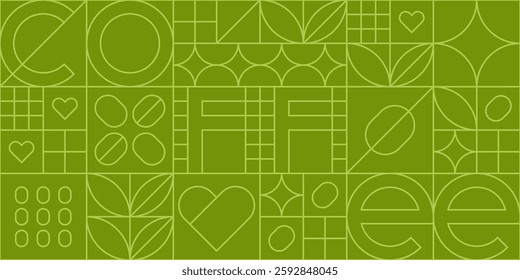 Abstract geometric outline pattern with green coffee. Mosaic background for cafe design, menu or shop. Geometric seamless linear pattern in stained glass style with coffee beans, vector illustration