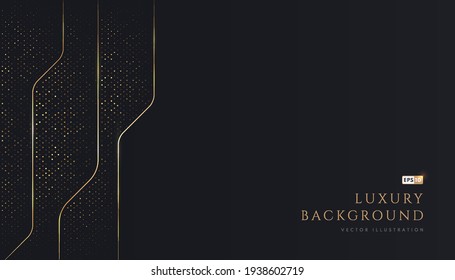 Abstract geometric overlapping on black background with glitter and golden lines glowing dots golden combinations. Modern luxury and elegant design with copy space. Vector EPS10