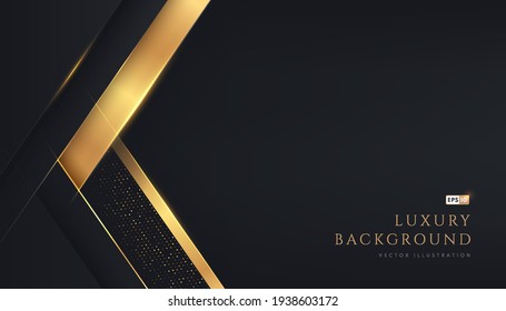 Abstract geometric overlapping on black background with glitter and golden lines glowing dots golden combinations. Modern luxury and elegant design with copy space. Vector EPS10