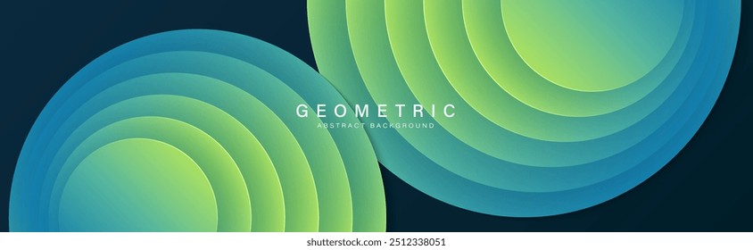 Abstract geometric overlay on dark blue background. Modern blue and green gradient circle shapes. Minimalist style. Suit for wallpaper, header, backdrop, advertising, presentation, banner, cover