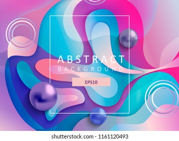 Abstract geometric paper gradient background with wavy shapes, square frame and balls. Colorful and digital backdrop for the advertise and marketing in dynamic, fluid forms. Vector illustration.