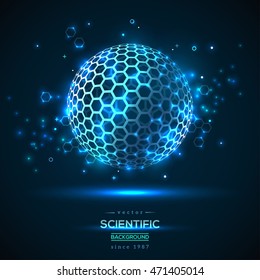 Abstract Geometric Particle like Fullerene. Technology Concept, Scientific Future Backdrop with Wireframe Sphere. Vector Illustration.