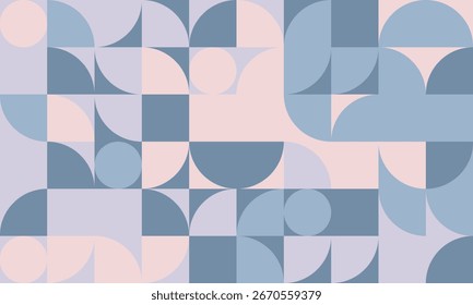 Abstractas fondo geométrico pastel. Patrón sin fisuras de círculos y cuadrados en tonos suaves azules y rosados.