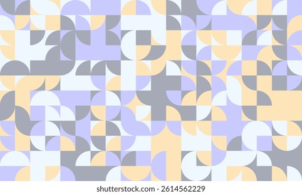 Abstract geometric pastel pattern.  Modern, seamless design featuring soft purple, beige, and gray quarter circles and squares. Ideal for website backgrounds, textiles, or presentations.