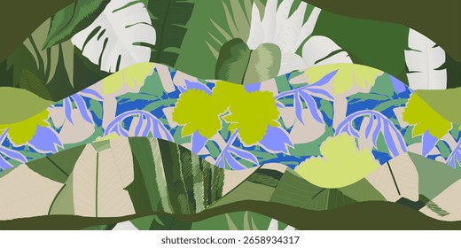 Impressão botânica de retalhos geométricos abstratos. Folhas, flores e formas colagem padrão contínuo contemporâneo. 