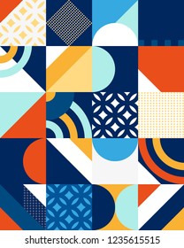 Abstract geometric patten of multicolored primitive shapes.