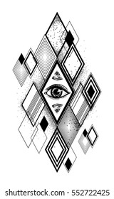 Abstract geometric pattern with all seeing eye. Sketch for tattoo art. Print for the t-shirt. Vector isolated illustration. Diamonds