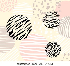 Abstract geometric pattern with animal print and circles. Modern hand drawn textures. Trendy abstract design for paper, fabric.
