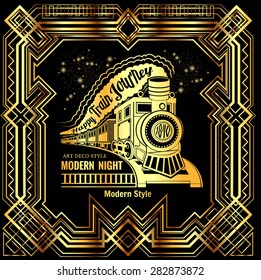 abstract geometric pattern, art deco gold frame and vintage train in center. happy train journey lettering in smoke