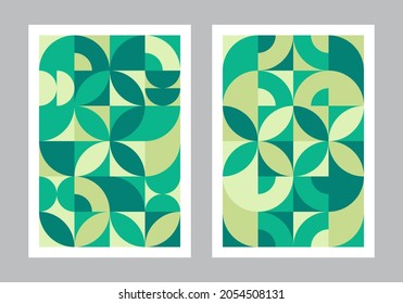 Abstract geometric pattern background. Bauhaus art style. Circle, semicircle, square shapes. Green color tone. Design for print, cover, poster, flyer, banner, wall. Vector illustration.
