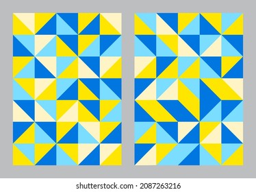 Abstrakter geometrischer Musterhintergrund. Bauhaus Art Stil. Dreieck und quadratische Form. Gelb, blau. Design für Druck, Deckel, Plakat, Flyer, Banner, Wand, Broschüre, Karte, Broschüre. Vektorgrafik.
