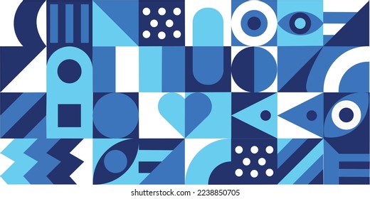Abstract geometric pattern background in blue trendy style. Mosaic shape with full page ornament