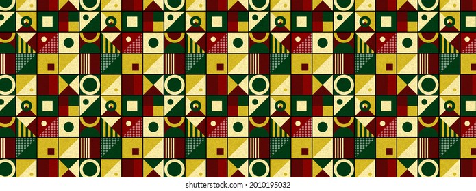 Abstract geometric pattern background. Circle, triangle, and square shape, Christmas color themes. Retro style horizontal. Vector illustration.