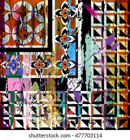 abstract geometric pattern background, with circles, squares, strokes and splashes