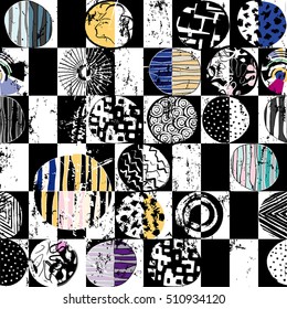 abstract geometric pattern background, with circles, paint strokes and splashes, black and white, seamless