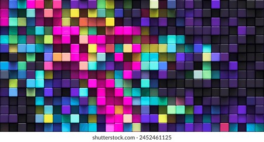 Abstract geometric pattern background with colorful 3d cubes. Multicolored randomly displaced blocks. Mosaic structure of round cubes design for banner, poster, flyer, cover. Vector illustration