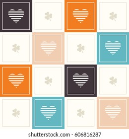 Abstract Geometric Pattern Background With Colorful Squares, Delicate Hearts And Three Leaf Clovers