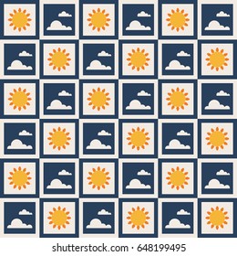 Abstract Geometric Pattern Background With Colorful Squares, Suns And Clouds