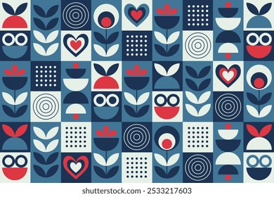 Fondo de patrón geométrico Abstractas con flores, hojas, corazones y círculos, motivos dispuestos en un patrón en forma de cuadrícula. El diseño utiliza un esquema de color azul, blanco y rojo en un estilo minimalista.