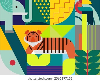 The abstract geometric pattern background of forest life with bright colors is full of happy animals and looks sporty