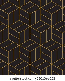Abstract geometric pattern background with hexagonal and cube texture. Black and gold seamless grid lines. Simple minimalistic pattern