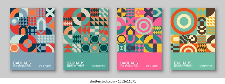 
Abstract geometric pattern background, poster, vector art design in Bauhaus style. 
Simple shapes, circle, triangle, square and lines.